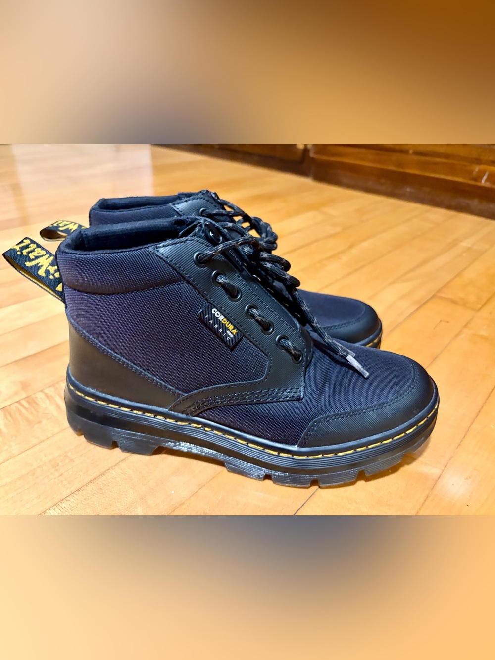 Dr. Martens Black Cordura Lace-Up Ankle Boots with Yellow Stitch